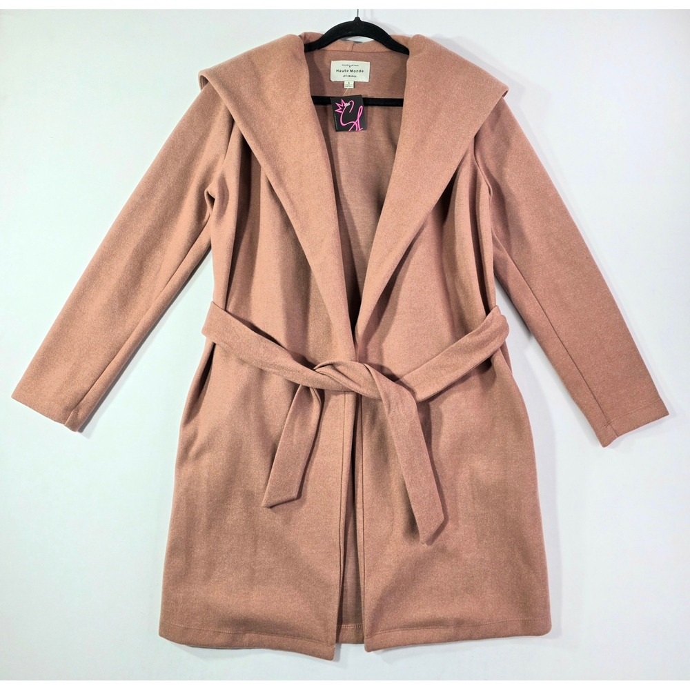 NWT Haute Monde Los Angeles Mauve Pink Faux Suede Hooded Wrap Coat Belted Size S